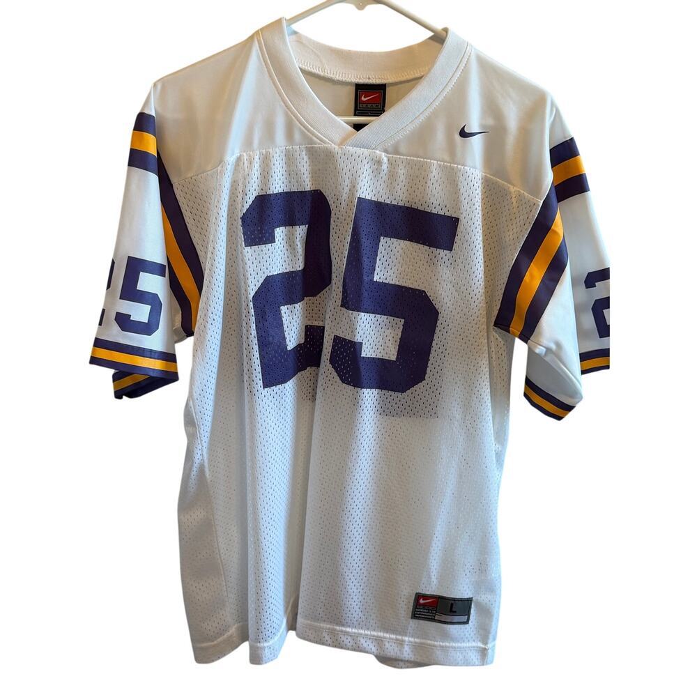 Nike White LSU Tigers Football Jersey Purple Yellow Stripes Numbers V-Neck Sz L
